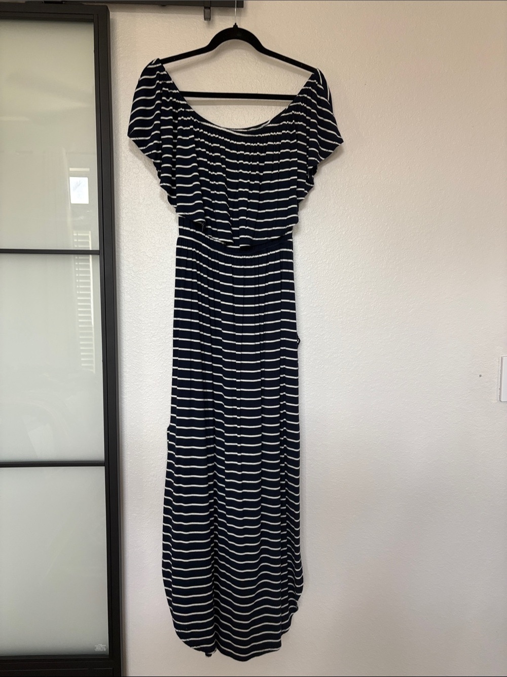 On/Off shoulder Striped Navy and White Maxi Dress